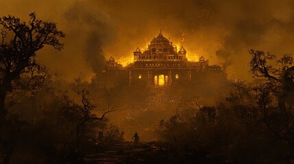 Burning temple at night