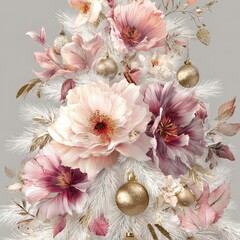 Floral holiday tree featuring soft pink flowers and elegant golden ornaments in a winter decor setting Generative AI
