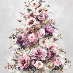 Floral Christmas tree decorated with pink and white flowers in a soft gray background during the holiday season Generative AI