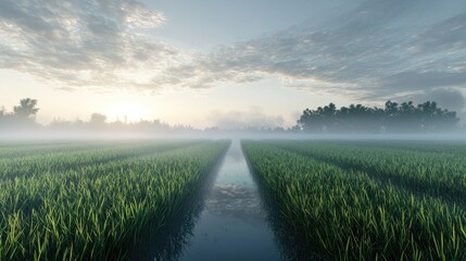 Misty morning over a rural rice paddy landscape.