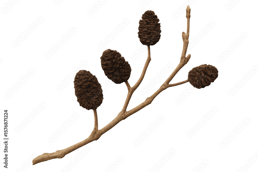 Poster close-up of an alder tree branch displaying four dark brown cones, set against a transparent backgro