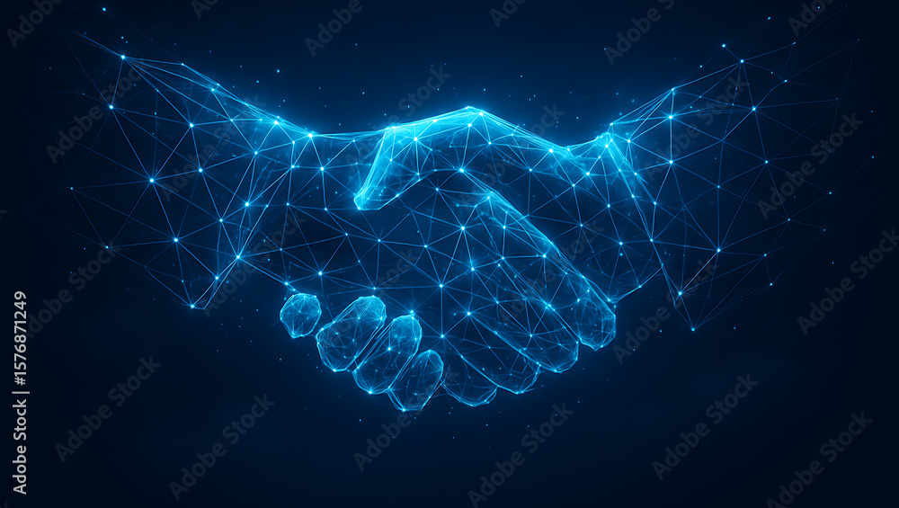 Poster two hands connecting in digital mesh handshake design glowing with technology and innovation concept