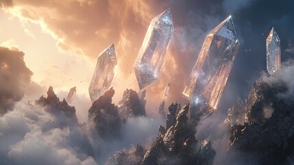 Crystal formations amidst a majestic sky landscape.