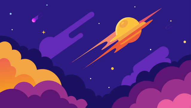 A captivating vector illustration shows a spaceship launching towards the moon and stars, with an astronaut gazing at the cosmos