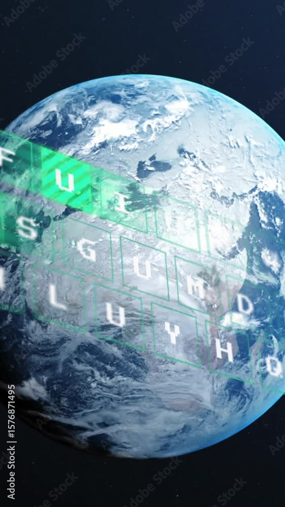 Poster animation of keyboard letters data processing over globe