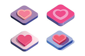 4 set 3D isometric heart icon floating inside a rounded square badge, matte pastel pink finish, subtle highlights and shadows, white background eps