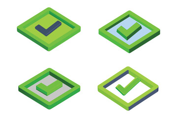 4 set 3D isometric checkmark symbol inside a rounded square frame, fresh lime green color, smooth matte texture, soft ambient lighting eps