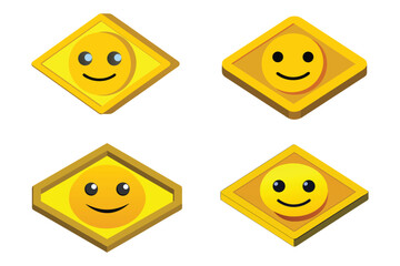 4s et 3D isometric smiley face emoji icon inside a diamond-shaped badge, bright yellow plastic material, glossy surface, cheerful expression eps
