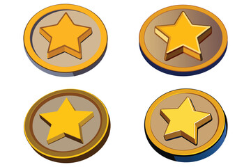 4 set 3D isometric star icon placed inside a circular badge frame, shiny metallic gold surface, realistic reflections eps