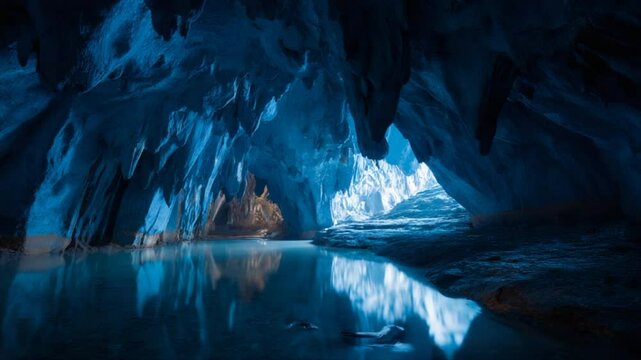 The interior of an underground cave, illuminated by natural light from the outside and reflecting on the calm water