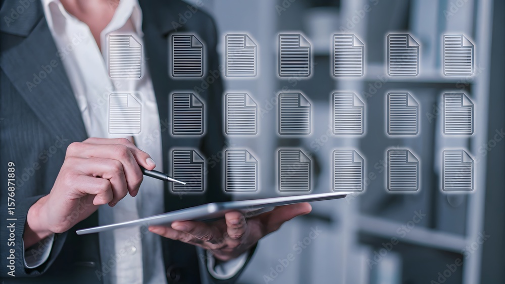 Poster digital document approval and checklist management concept. virtual documents and checkmarks represe