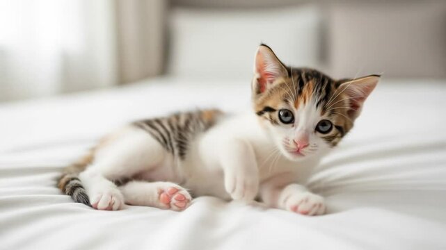 Calico Kitten Resting On White Bedding With Natural Light And Soft Focus