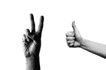 Grainy Victory and Thumbs Up Hand Gestures with Retro Halftone Texture for Pop Art Style Design PNG
