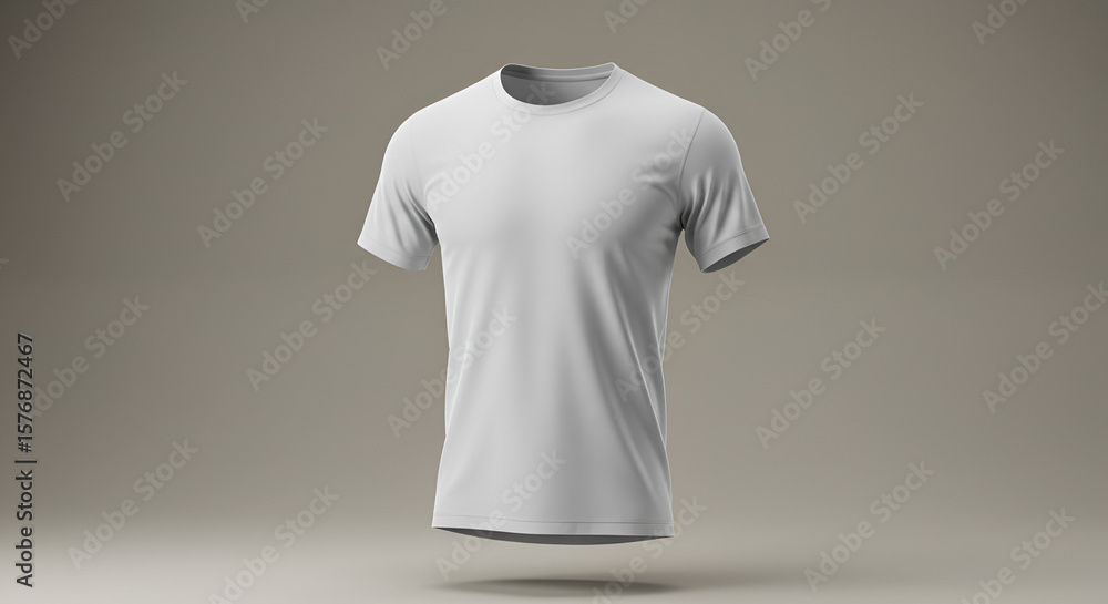 Poster a realistic rendering of a plain white t-shirt, isolated and floating on a neutral backdrop