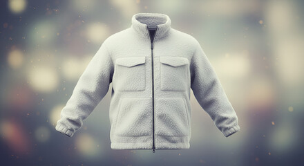 A Rendered Image of a Stylish White Fleece Jacket Against a Blurry Backdrop
