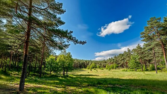Sunny meadow bordered by pine trees