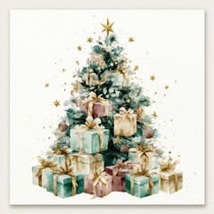 Christmas tree adorned with presents in soft pastel colors and golden stars shining bright in a festive atmosphere Generative AI
