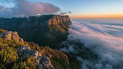 Dramatic mountain landscape at sunrise, shrouded in clouds.