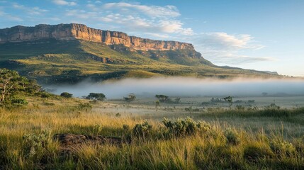Sunrise over a vast, misty plateau and mountain range.
