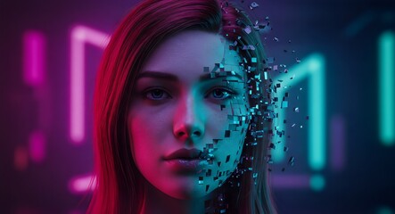 Digital Identity Dissolving: Woman's Face Fragmenting in Neon Cyberpunk Glow - AI, Technology, Data Privacy & Future Concepts