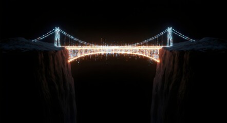 Digital Bridge Connecting Worlds: Futuristic Network & Data Flow Across a Chasm at Night