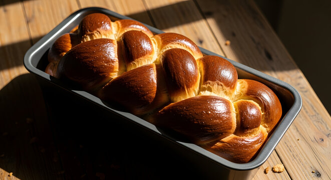 Freshly Baked Challah Bread in a Pan on Wood