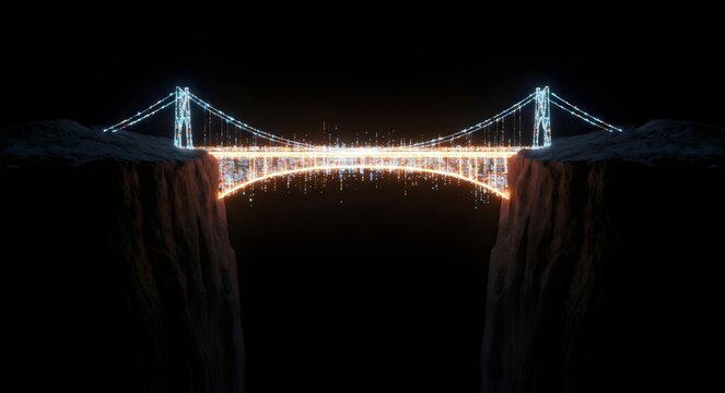 Digital Bridge Connecting Worlds: Futuristic Network & Data Flow Across a Chasm at Night