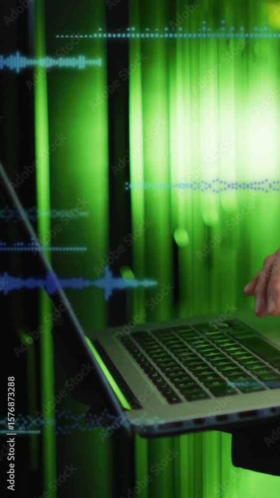 Poster typing on laptop, person with sound waveforms and data processing animation over green background