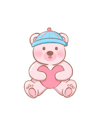 bear in hat, cute bear cartoon illustration ,pink flat vector of adorable teddy bear with heart