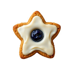 Star-shaped cookie topped with creamy frosting and berry jam in a vibrant food styling setting