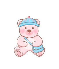 bear in hat with a bag, cute bear cartoon illustration ,pink flat vector of adorable teddy bear