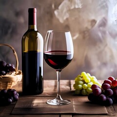 Fototapeta premium a bottle of red wine and a full wine glass on a wooden table. Next to it are clusters of green and red grapes, as well as a small cheese board that is either heating or steaming