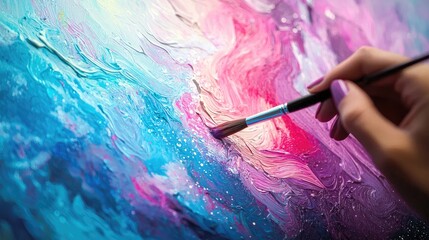 A vibrant, abstract painting being created by a hand.