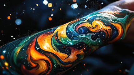 Colorful abstract tattoo design on a forearm.