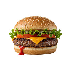 Exquisite close up of a classic cheeseburger, a culinary indulgence on an isolated canvas