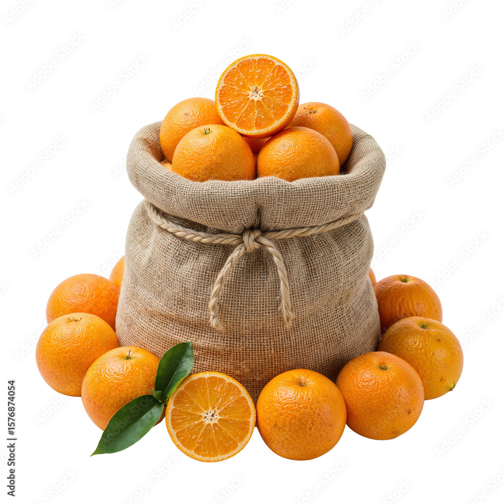 Poster burlap sack overflows with citrus treasure presenting a bright and textured composition