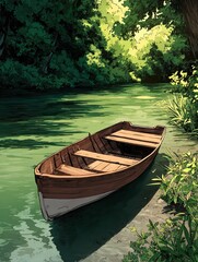Boat floats down river, peaceful water scene, serene forest landscape