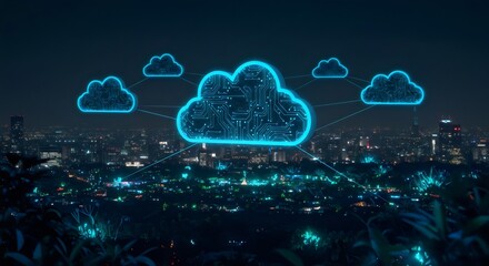 Creative representation of cloud computing, cloud-shaped servers connected with glowing lines, floating above a futuristic cityscape, moody lighting, ultra-HD