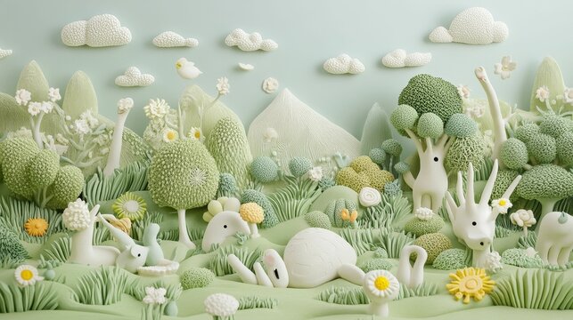 Whimsical clay landscape; pastel creatures, flora, fauna.