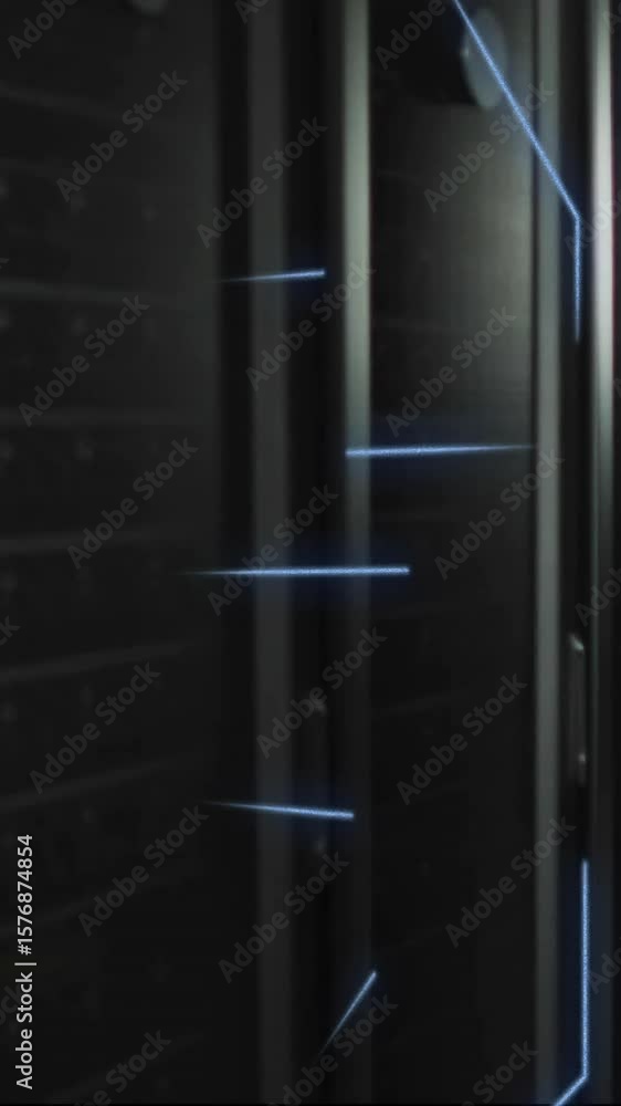 Poster animation of digital data processing and circuit board over computer servers