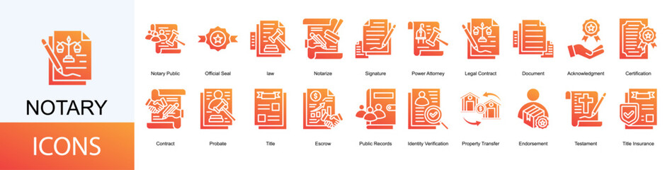 notary icon collection set. Containing law, Notarize, Signature, Power Attorney, Legal Contract, Document icon