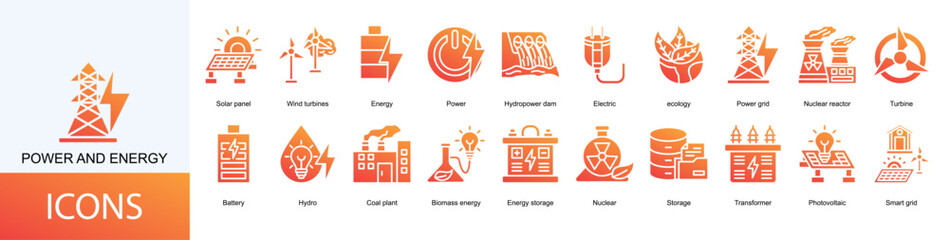 Obraz premium power and energy icon collection set. Containing Solar panel, Wind turbines, Energy, Power, Hydropower dam, Electric, ecology icon