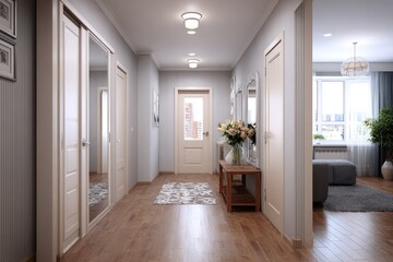 Bright, modern home hallway with hardwood floors leading to a living room area