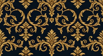 Baroque Luxe, Baroque damask carpet, golden scrolls, floral flourishes, navy blue velvet texture (Close-Up Detail)