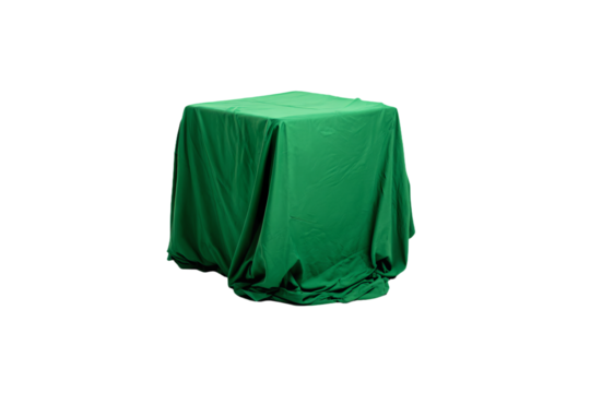 a green table cloth draped over a white table