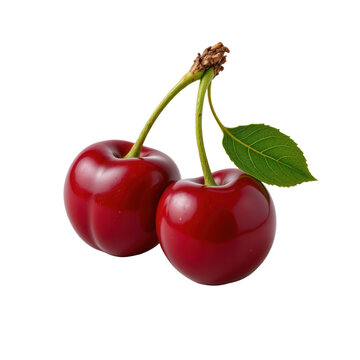 Fresh Red Cherries with Green Leaves on a Transparent Background for Healthy Food Design