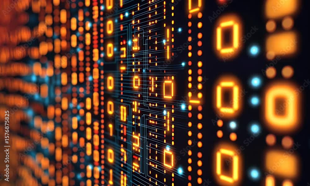 Poster Abstract background with a digital circuit board and binary code. High-tech technology concept. Digital rendering of computer chips, data transfer, 