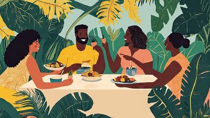 Tropical feast of diverse friends enjoying a meal.