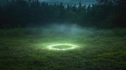 Mysterious glowing circle in a misty forest meadow.