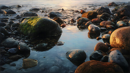 Obraz premium Harmonious Tranquility: The Timeless Dance of Wet Stones and Sea in Perfect Balance